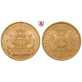 Deutsches Kaiserreich, Hamburg, 20 Mark 1913, J, vz-st, J. 212