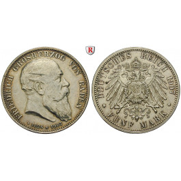 Deutsches Kaiserreich, Baden, Friedrich I., 5 Mark 1907, auf den Tod, G, ss-vz, J. 37