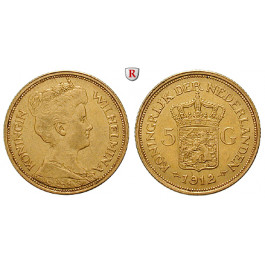 Niederlande, Königreich, Wilhelmina I., 5 Gulden 1912, 3,03 g fein, ss