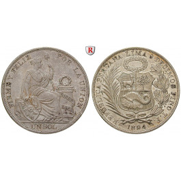 Peru, Republik, Sol 1894, 22,5 g fein, vz