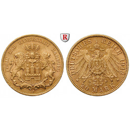 Deutsches Kaiserreich, Hamburg, 20 Mark 1913, J, vz+, J. 212