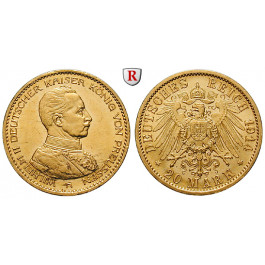 Deutsches Kaiserreich, Preussen, Wilhelm II., 20 Mark 1914, Kaiser in Uniform, A, vz/vz-st, J. 253
