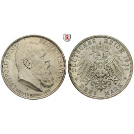 Deutsches Kaiserreich, Bayern, Luitpold, Prinzregent, 3 Mark 1911, 90. Geburtstag, D, vz+, J. 49