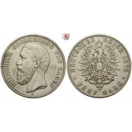 Deutsches Kaiserreich, Baden, Friedrich I., 5 Mark 1876, G, ss, J. 27