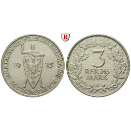 Weimarer Republik, 3 Reichsmark 1925, Rheinlande, D, f.vz, J. 321