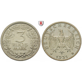Weimarer Republik, 3 Reichsmark 1931, Kursmünze, A, f.vz, J. 349