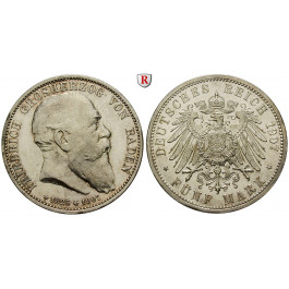 Deutsches Kaiserreich, Baden, Friedrich I., 5 Mark 1907, Auf den Tod, G, f.vz/vz+, J. 37