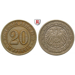 Deutsches Kaiserreich, 20 Pfennig 1892, A, vz/vz-st, J. 14