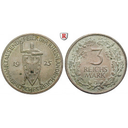 Weimarer Republik, 3 Reichsmark 1925, Rheinlande, G, vz, J. 321