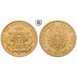 Deutsches Kaiserreich, Hamburg, 20 Mark 1878, J, ss+, J. 210