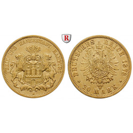 Deutsches Kaiserreich, Hamburg, 20 Mark 1878, J, ss+, J. 210