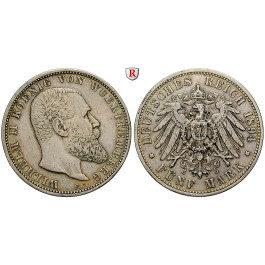 Deutsches Kaiserreich, Württemberg, Wilhelm II., 5 Mark 1894, F, ss+, J. 176