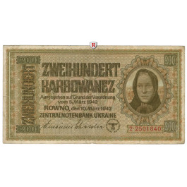 Besatzungsausgaben des 2. Weltkrieges 1939-1945, Reichskommissariat Ukraine, Rowno, 200 Karbowanez 10.03.1942, III, Rb. 598b