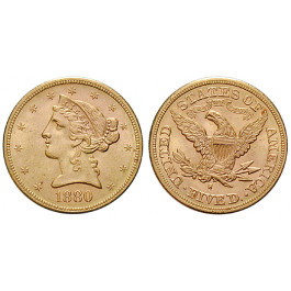 USA, 5 Dollars 1880, 7,52 g fein, vz-st