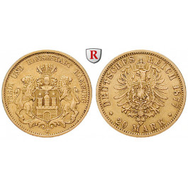 Deutsches Kaiserreich, Hamburg, 20 Mark 1877, J, ss+, J. 210