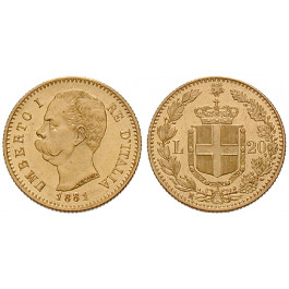Italien, Königreich, Umberto I., 20 Lire 1881, 5,81 g fein, f.st