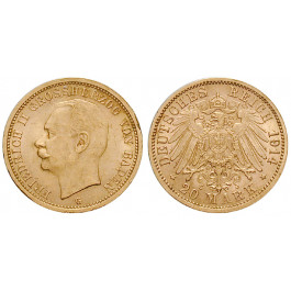 Deutsches Kaiserreich, Baden, Friedrich II., 20 Mark 1914, G, vz, J. 192