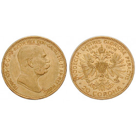 Österreich, Kaiserreich, Franz Joseph I., 20 Kronen 1908, 6,09 g fein, ss/vz