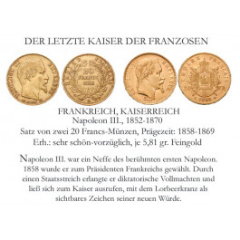 Frankreich, Napoleon III., 2x20 Francs 1858-1869, 11,61 g fein, ss-vz