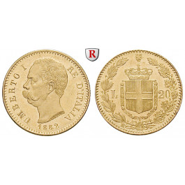 Italien, Königreich, Umberto I., 20 Lire 1882, 5,81 g fein, vz