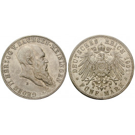 Deutsches Kaiserreich, Sachsen-Meiningen, Georg II., 5 Mark 1901, Zum 75. Geburtstag, D, ss-vz, J. 150