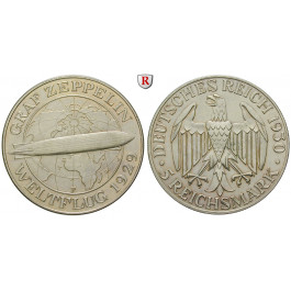 Weimarer Republik, 5 Reichsmark 1930, Zeppelin, F, vz+, J. 343