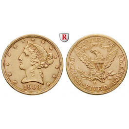 USA, 5 Dollars 1903, 7,52 g fein, ss-vz