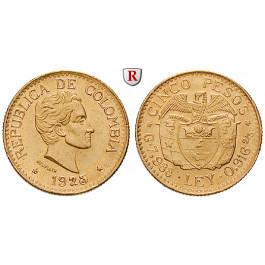 Kolumbien, Republik, 5 Pesos 1925, 7,32 g fein, f.st