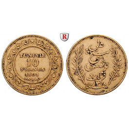Tunesien, Französisches Protektorat, 10 Francs 1891-1928, 2,9 g fein, ss