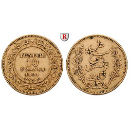Tunesien, Französisches Protektorat, 10 Francs 1891-1928, 2,9 g fein, ss