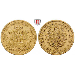 Deutsches Kaiserreich, Hamburg, 20 Mark 1878, J, ss+, J. 210