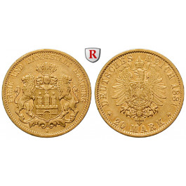 Deutsches Kaiserreich, Hamburg, 20 Mark 1881, J, ss+, J. 210