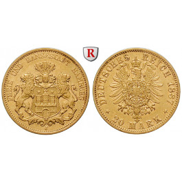 Deutsches Kaiserreich, Hamburg, 20 Mark 1887, J, vz, J. 210