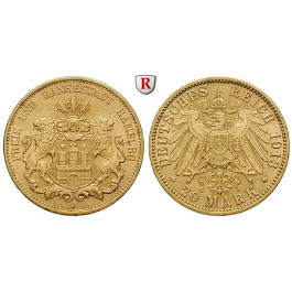 Deutsches Kaiserreich, Hamburg, 20 Mark 1913, J, vz-st, J. 212