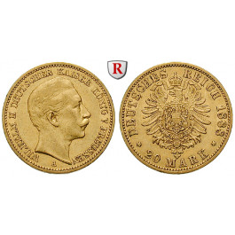 Deutsches Kaiserreich, Preussen, Wilhelm II., 20 Mark 1888, A, 7,17 g fein, ss+, J. 250