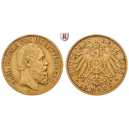 Deutsches Kaiserreich, Württemberg, Karl, 10 Mark 1891, F, ss, J. 294