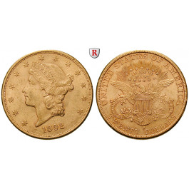 USA, 20 Dollars 1892, 30,09 g fein, vz/vz-st