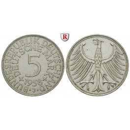 Bundesrepublik Deutschland, 5 DM 1958, Adler, J, 7,0 g fein, ss, J. 387