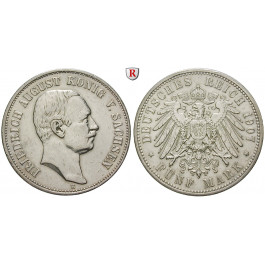 Deutsches Kaiserreich, Sachsen, Friedrich August III., 5 Mark 1907, E, ss-vz, J. 136