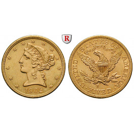 USA, 5 Dollars 1902, 7,52 g fein, vz+/vz-st