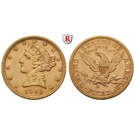 USA, 5 Dollars 1903, 7,52 g fein, ss
