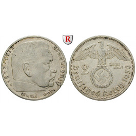 Drittes Reich, 2 Reichsmark 1939, Hindenburg mit Hakenkreuz, E, ss, J. 366