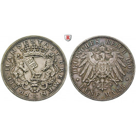 Deutsches Kaiserreich, Bremen, 5 Mark 1906, J, vz/ss-vz, J. 60