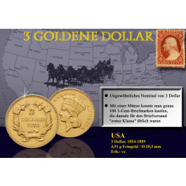 USA, 3 Dollars 1854-1889, 4,51 g fein, vz