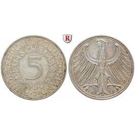 Bundesrepublik Deutschland, 5 DM 1958, Adler, J, ss+, J. 387