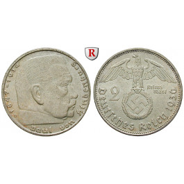 Drittes Reich, 2 Reichsmark 1936, Hindenburg mit Hakenkreuz, D, ss-vz, J. 366