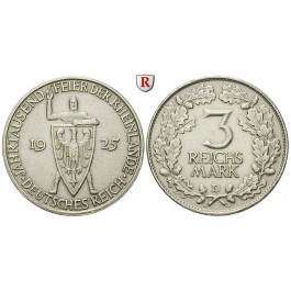 Weimarer Republik, 3 Reichsmark 1925, Rheinlande, D, ss+, J. 321