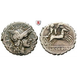 Römische Republik, C. Malleolus, L. Licinius Crassus und Cn. Domitianus, Denar, serratus 118 v.Chr., ss