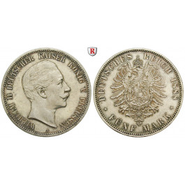 Deutsches Kaiserreich, Preussen, Wilhelm II., 5 Mark 1888, A, vz+, J. 101