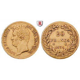 Frankreich, Louis Philippe, 20 Francs 1834, 5,81 g fein, ss